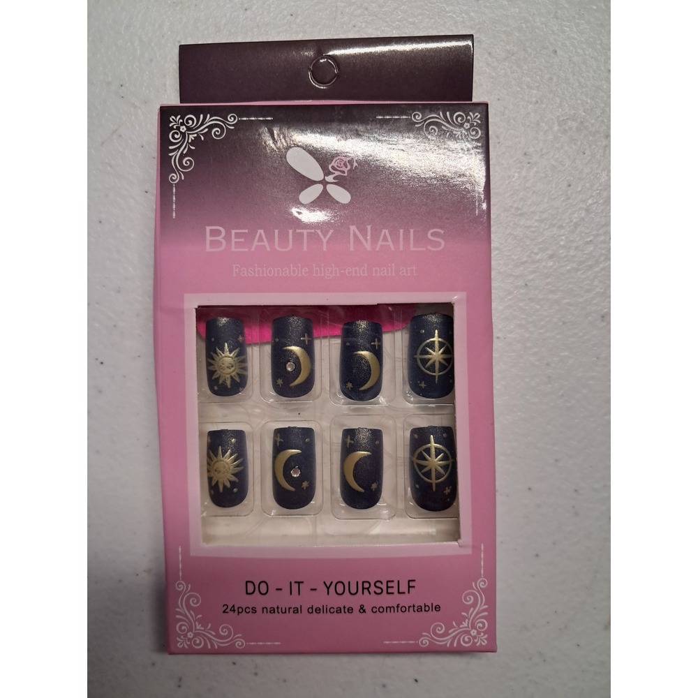 Beauty Nails Celestial Press On‎ Nails 24pc Navy Gold Sun Moon Stars DIY Kit